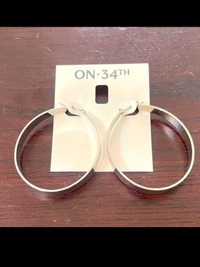 On 34th Large Flat Hoop Earrings. 2" drop. Silver-tone. NWT